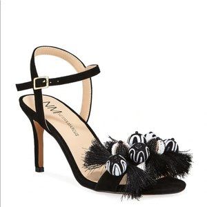 NEIMAN MARCUS Black Beaded Tassel Heeled Sandals